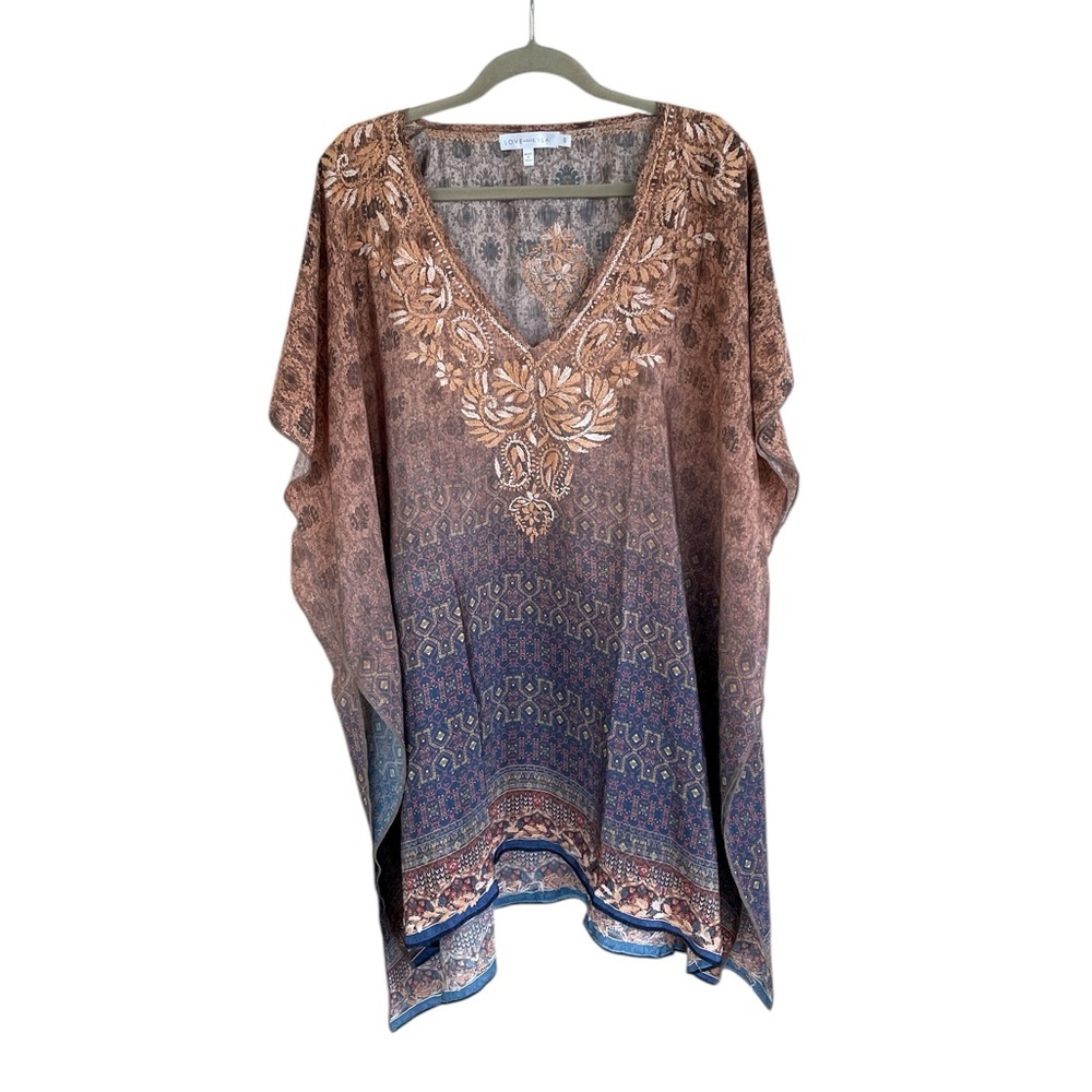 Love Kyla Silk Top Tunic Size S Cover Up Embroidered Cold Shoulder Boho V-Neck